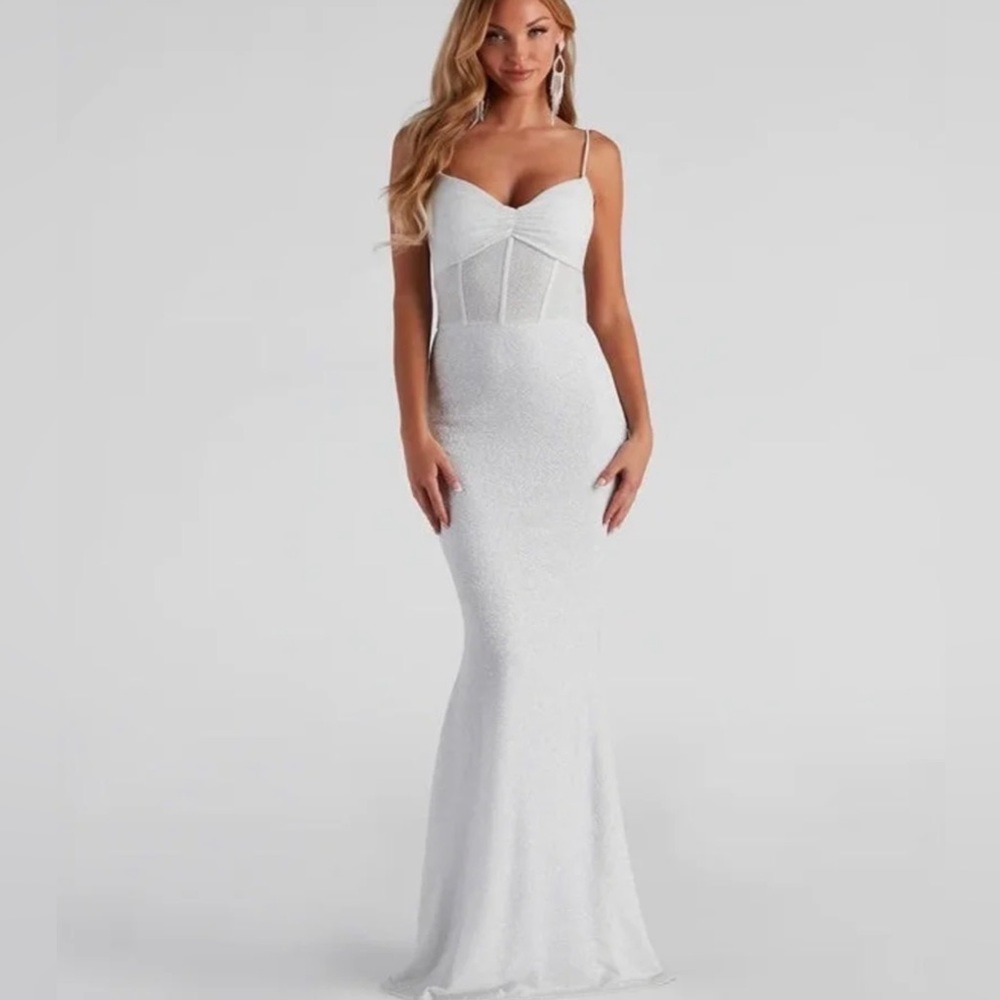 windsor white glitter prom dress